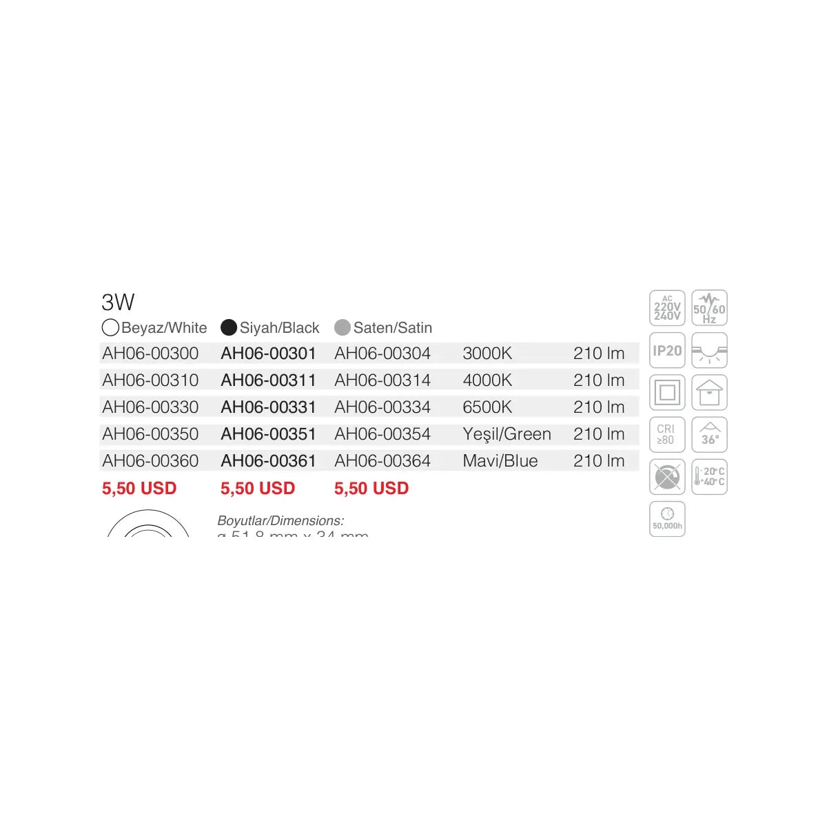 [Ölçü çizimi] ACK Spot Armatür – AH06-00311 ölçü çizimi