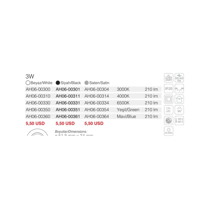 [Ölçü çizimi] ACK Spot Armatür – AH06-00331 ölçü çizimi