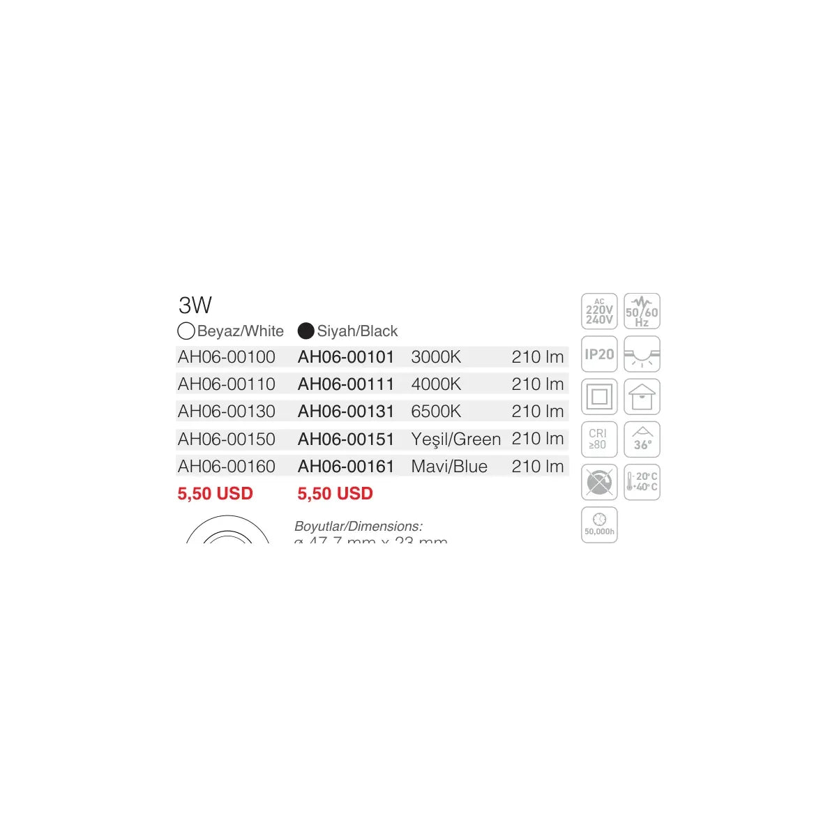 [Ölçü çizimi] ACK Spot Armatür – AH06-00130 ölçü çizimi