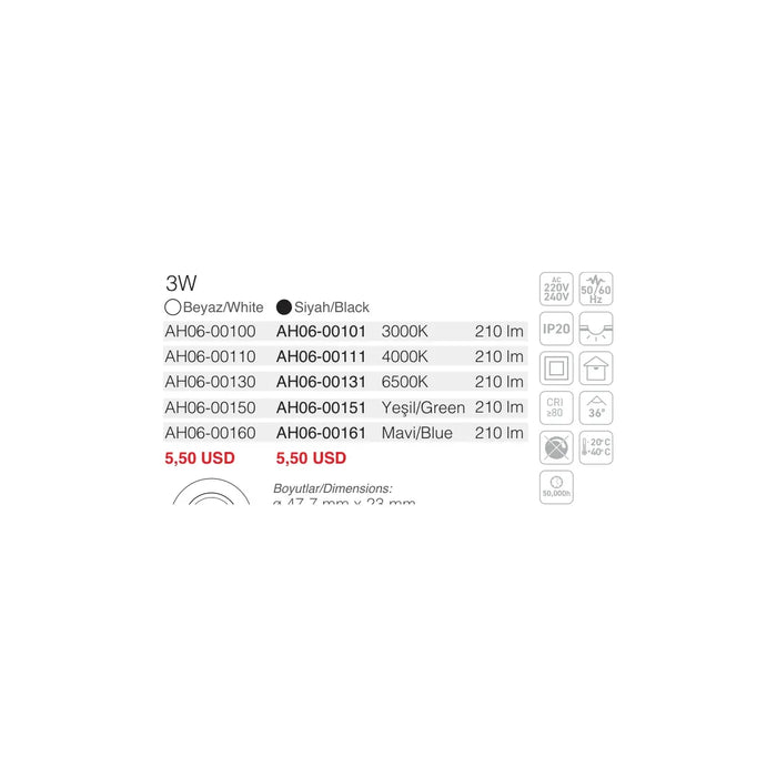 [Ölçü çizimi] ACK Spot Armatür – AH06-00130 ölçü çizimi