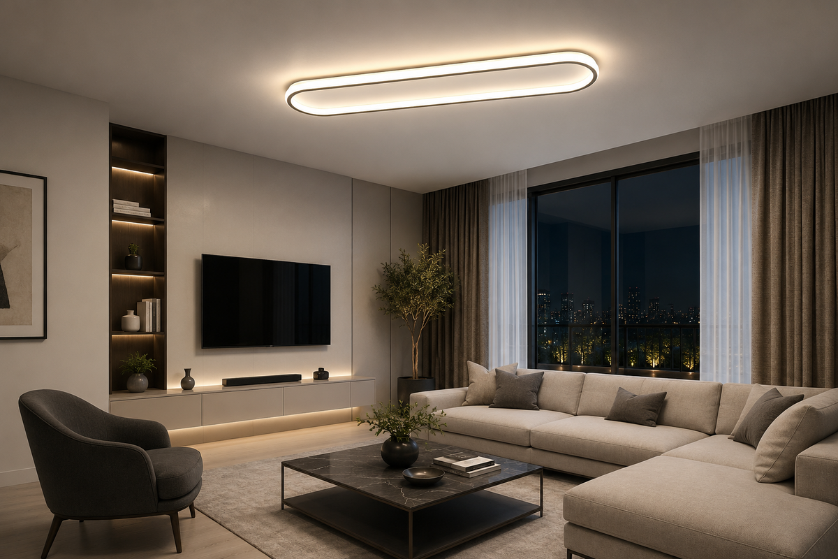 AKIŞ Modern Oval LED Plafonyer Tavan Aydınlatma 110W Siyah Kasa 3 Renk Modlu 20x80 CM