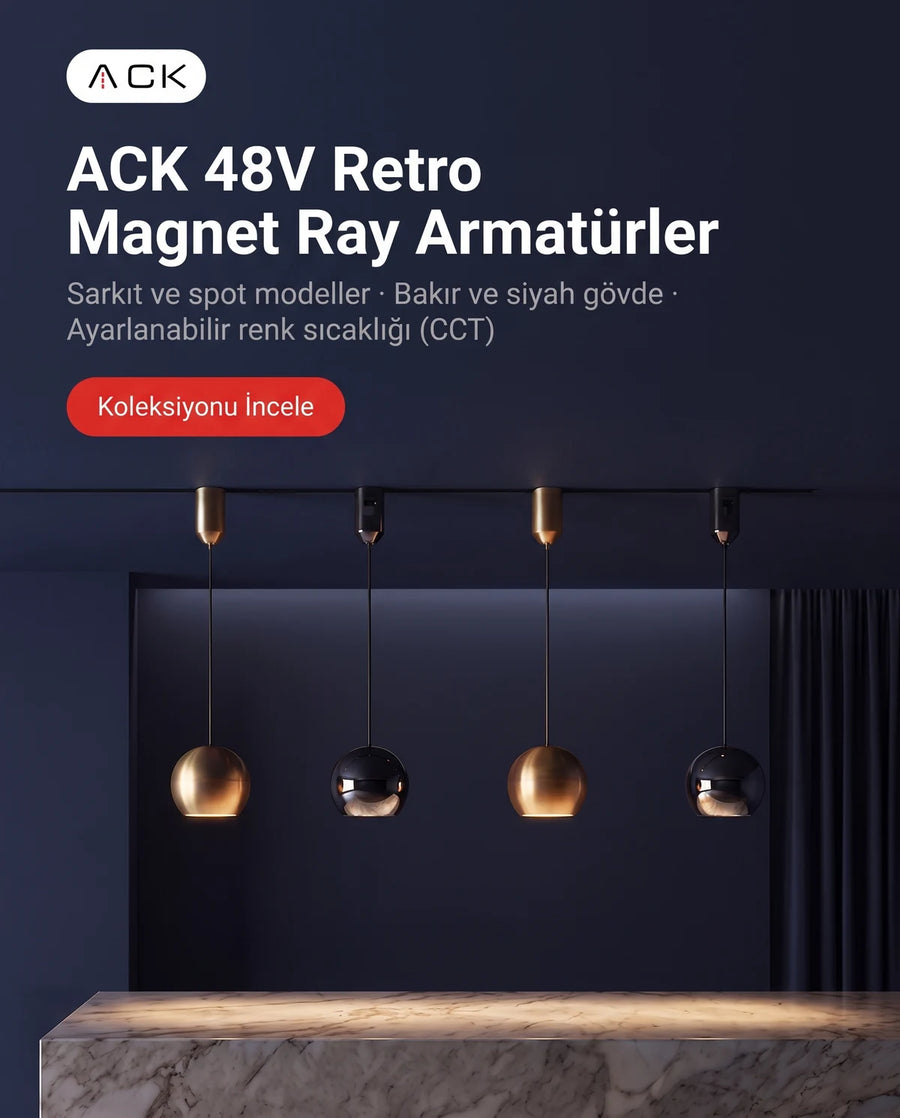 ACK 48V Retro Magnet Ray Armatürler — sarkıt ve spot modeller, bakır ve siyah gövde, ayarlanabilir renk sıcaklığı