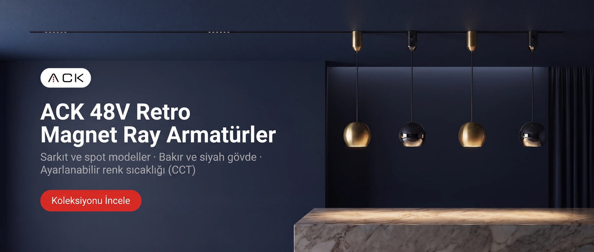 ACK 48V Retro Magnet Ray Armatürler — sarkıt ve spot modeller, bakır ve siyah gövde, ayarlanabilir renk sıcaklığı